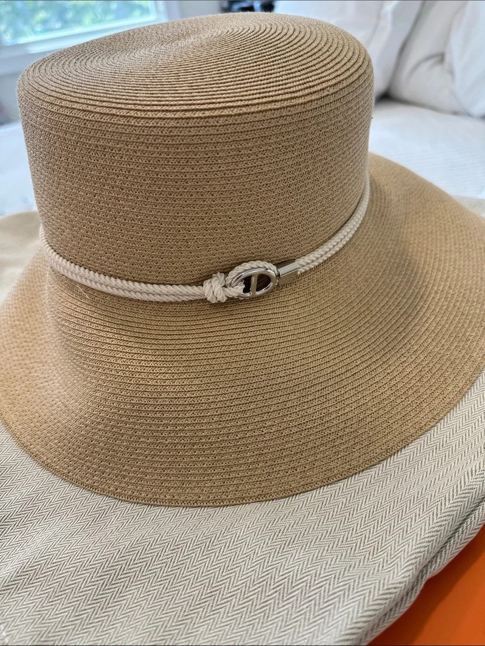 Hermes Beige Woven Straw Hat with White Rope Detail